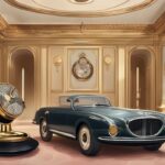 Luxuriöse italienische Villa mit Vintage-Mikrofon, Goldplatte, Geldstapel und Luxusauto, symbolisierend Adriano Celentano Vermögen