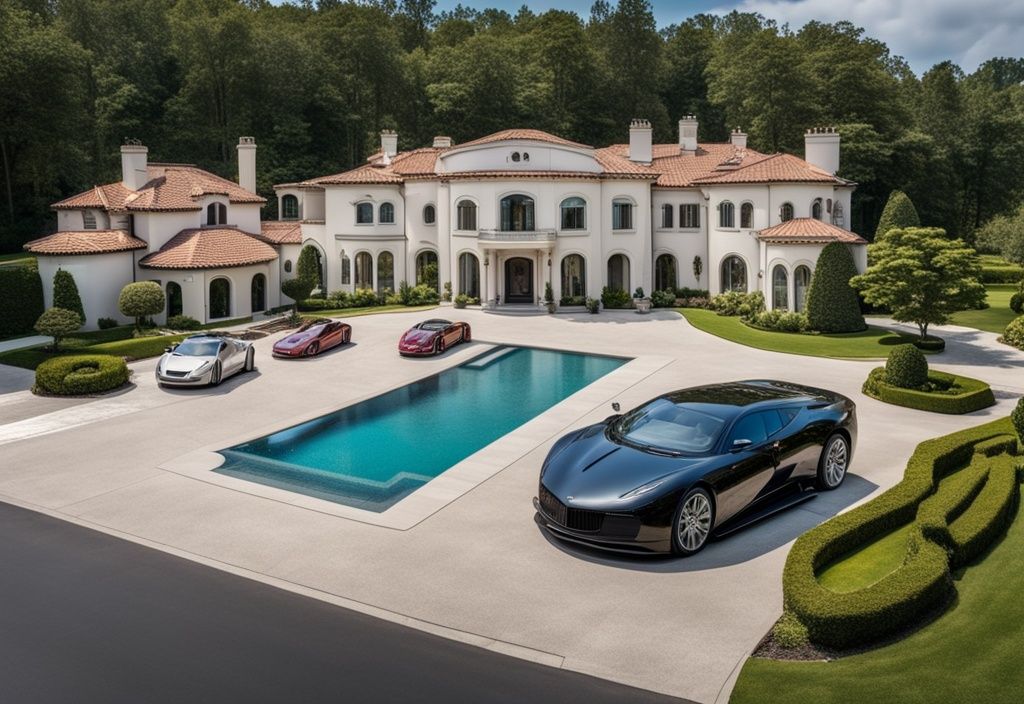 Luxuriöse Villa mit großem Swimmingpool, Privatjet im Hintergrund und hochwertigen Autos in der Einfahrt, symbolisiert Jackie Chan Vermögen