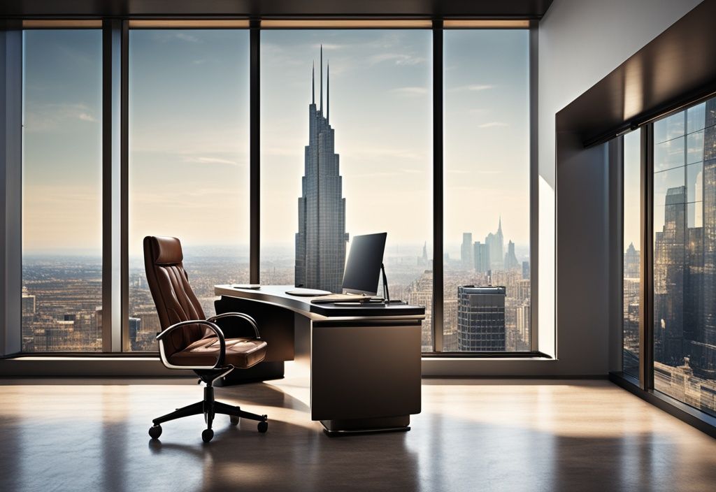 Luxuriöses Bürointerieur mit großem Schreibtisch, High-End-Computer, Ledersessel und großem Fenster mit Blick auf die Skyline der Stadt, Symbol für Reichtum und Erfolg.