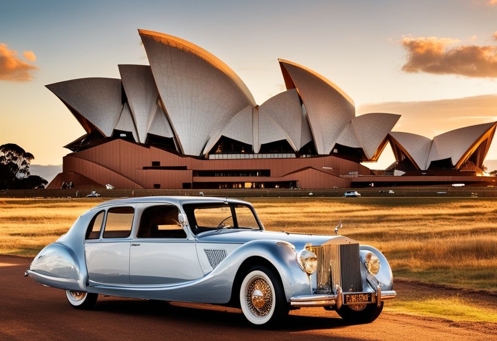 Australische Landschaft mit Goldnuggets, Luxusvilla, teurem Auto, Privatjet, Sydney Opernhaus und Ayers Rock im Hintergrund