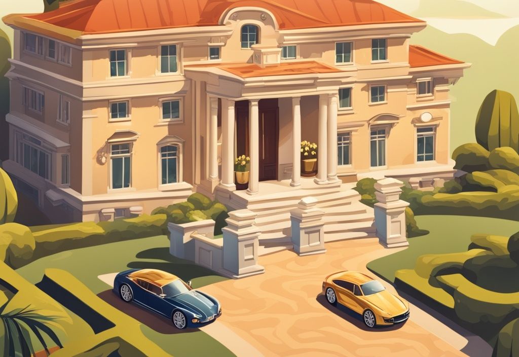 Luxuriöse Szene mit einer Villa, einem Luxusauto und Stapeln von Goldmünzen als Symbole für Reichtum.