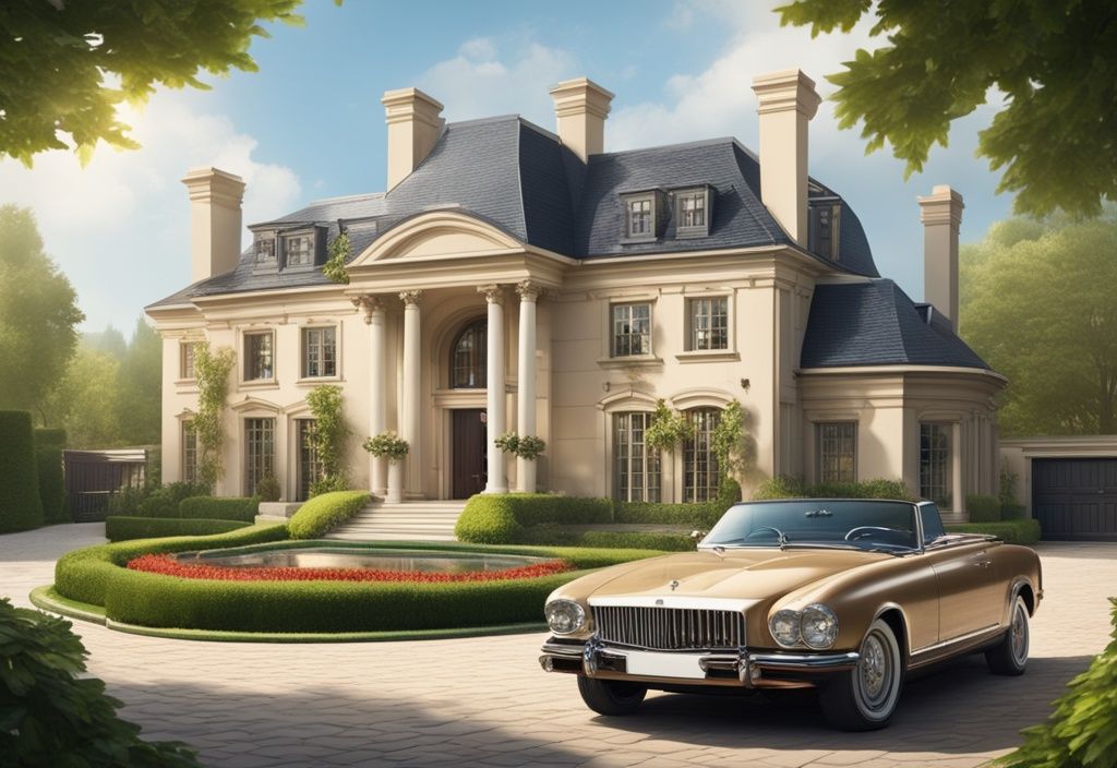 Luxuriöse Villa mit großem Eingang, einem High-End-Auto in der Einfahrt und einem schönen Garten im Vordergrund, symbolisiert Christian Kohlund Vermögen