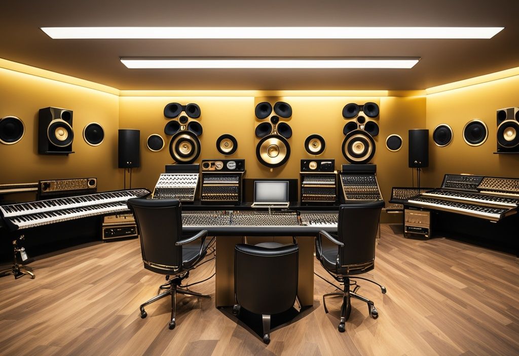 Luxuriöses Tonstudio mit hochwertiger Musikausrüstung und goldenen Schallplatten an der Wand, Symbol für erfolgreiche Musikkarriere und Reichtum.