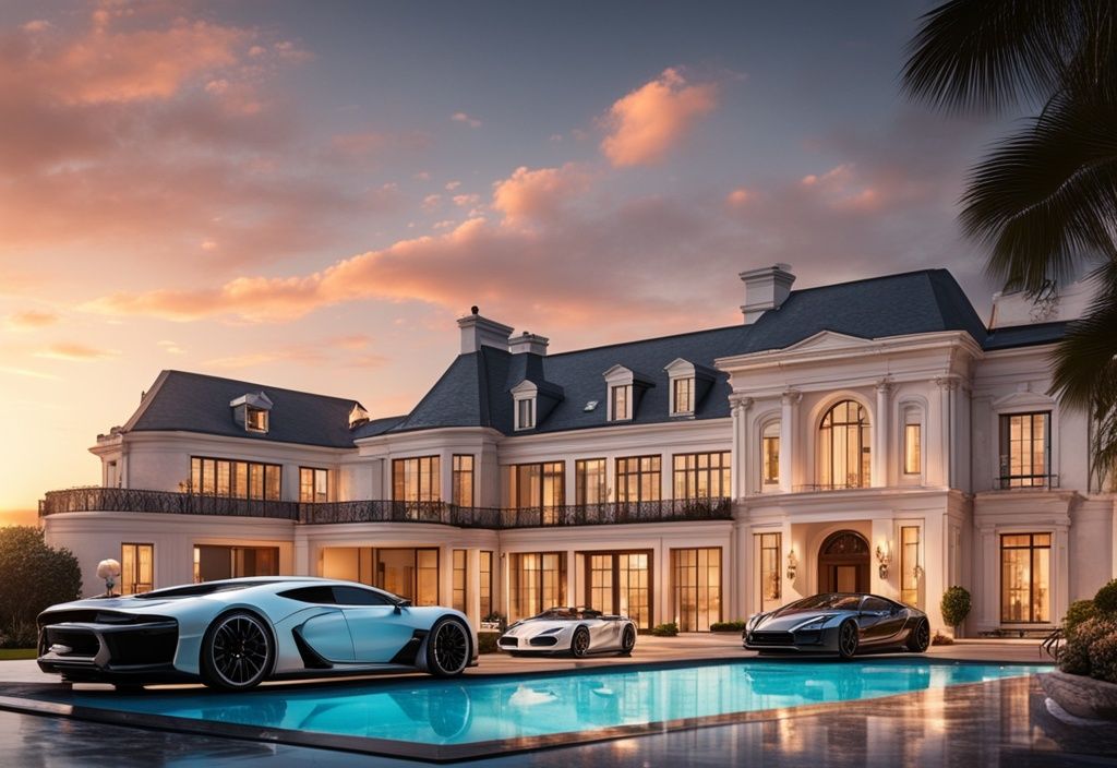 Luxuriöse Villa mit großem Pool, teuren Autos in der Einfahrt und Sonnenuntergang über der Skyline, symbolisierend den hohen Nettowert eines erfolgreichen Fußballers.