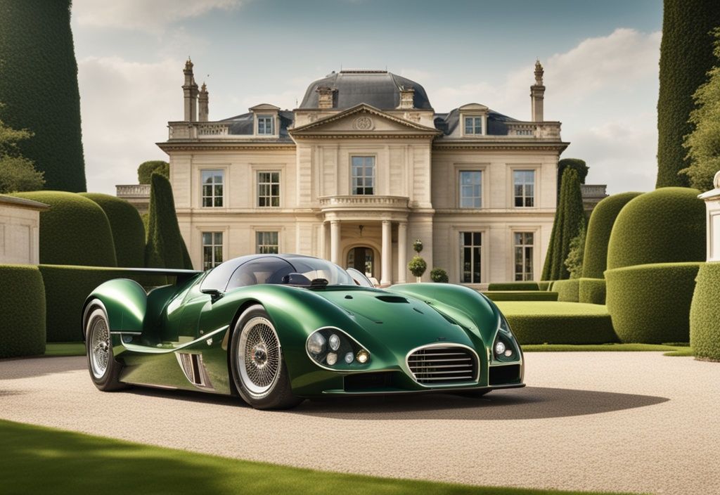 Luxuriöses Rennwagen vor opulentem Herrenhaus mit grüner Landschaft im Hintergrund, Niki Schelle Vermögen.