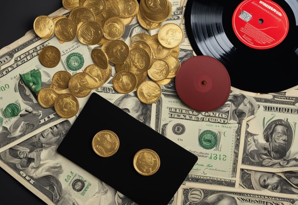 Goldmünzen und Dollar-Scheine neben einer Reggae-Vinylplatte und einem Mikrofon, symbolisierend Bob Marley Vermögen