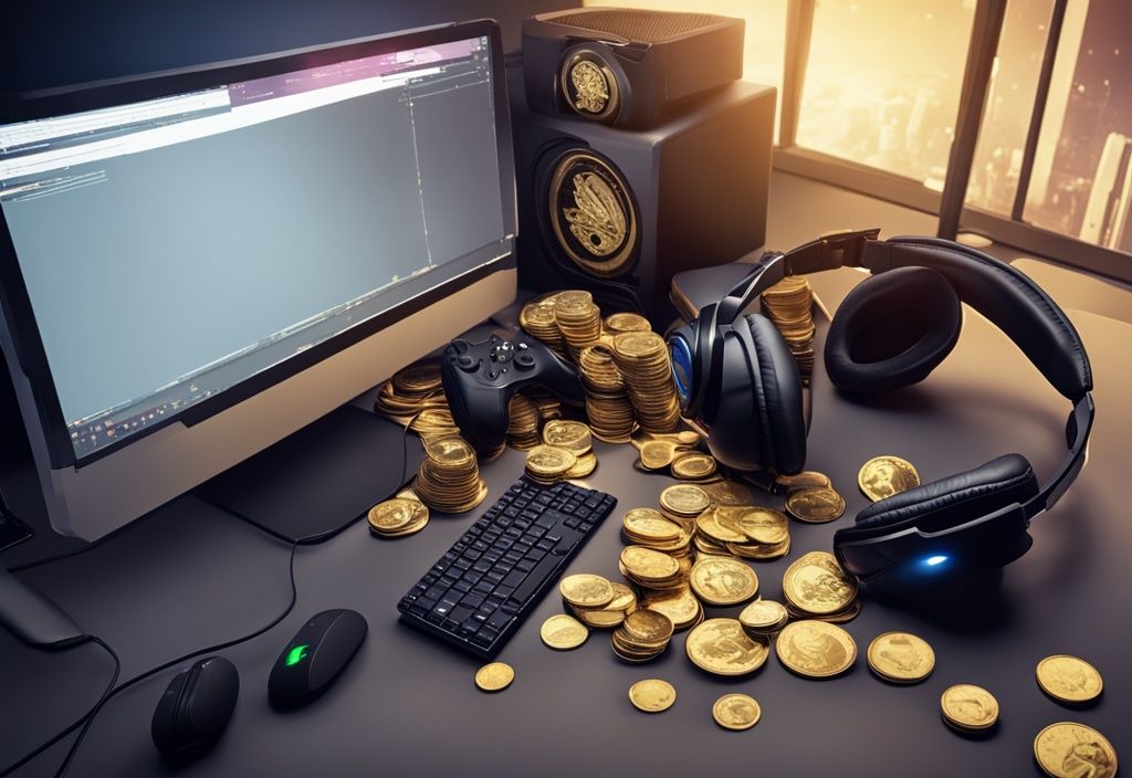 Ein Stapel Goldmünzen und Schätze vor einem Computer-Setup mit einem Gaming-Stuhl und Kopfhörern, Asmongold Vermögen.