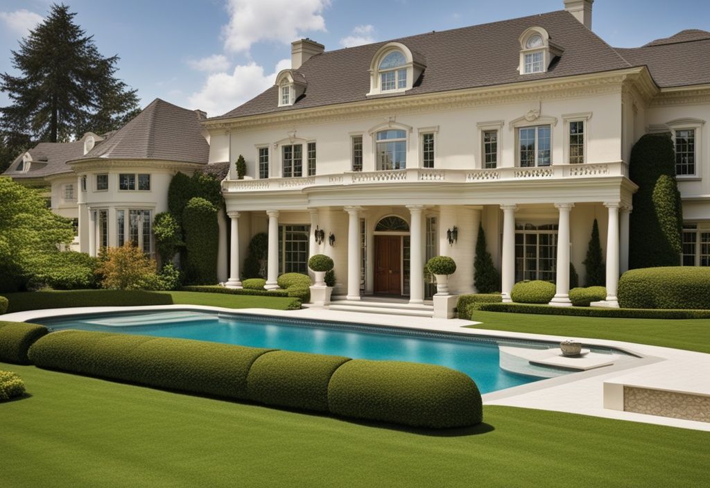 Luxuriöse Villa mit gepflegtem Garten, teurem Auto in der Einfahrt und Swimmingpool im Hinterhof, Symbol für Reichtum und Wohlstand