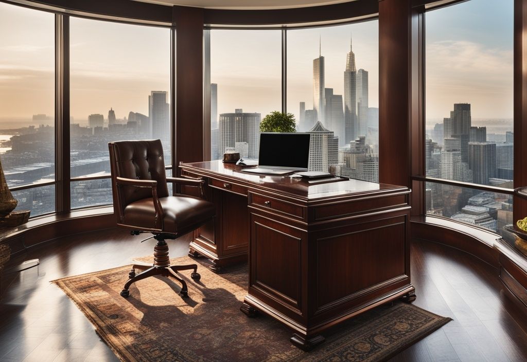 Luxuriöses Büro mit großem Mahagoni-Schreibtisch, High-End-Computer und Panoramablick auf die Skyline der Stadt, symbolisiert Wohlstand und Erfolg - Daniel Charlier Vermögen.