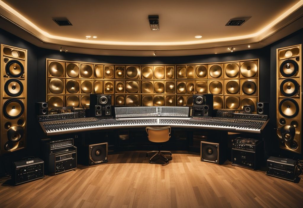 Luxuriöses Tonstudio mit goldenen Schallplatten und High-End-Audioausrüstung, symbolisierend für Wohlstand und eine erfolgreiche Musikkarriere, Tony Christie Vermögen