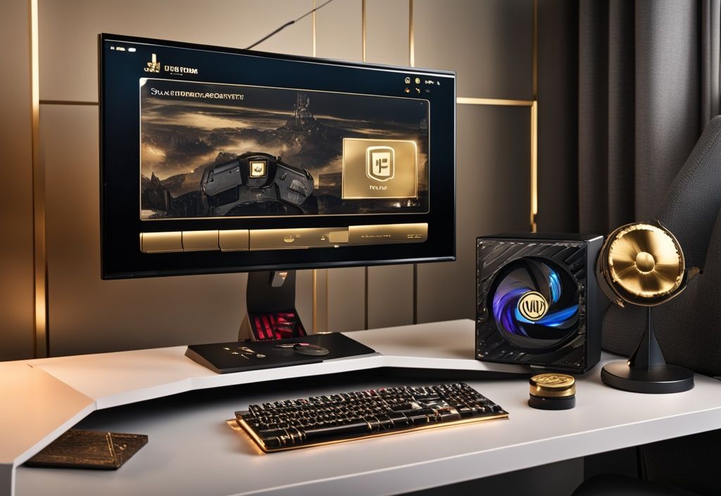 Luxuriöses Gaming-Setup mit High-End-Computer, Goldmünze für Reichtum und YouTube-Play-Button im Hintergrund - Rewinside Vermögen