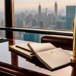 Luxus-Bücherstapel neben einem großen Goldbarren und einem hochwertigen Füllfederhalter auf einem polierten Mahagonischreibtisch, mit Blick auf die beeindruckende Skyline der Stadt im Hintergrund, Bastian Bielendorfer Vermögen.