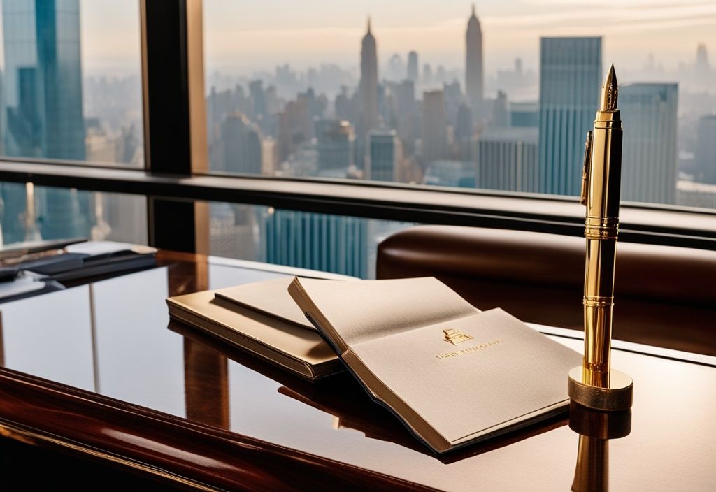 Luxus-Bücherstapel neben einem großen Goldbarren und einem hochwertigen Füllfederhalter auf einem polierten Mahagonischreibtisch, mit Blick auf die beeindruckende Skyline der Stadt im Hintergrund, Bastian Bielendorfer Vermögen.