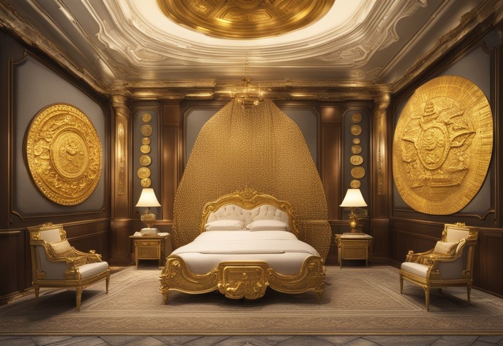 Luxuriöser Raum mit Goldmünzen, teuren Artefakten und opulenten Möbeln, der das immense Goldheinz Vermögen symbolisiert