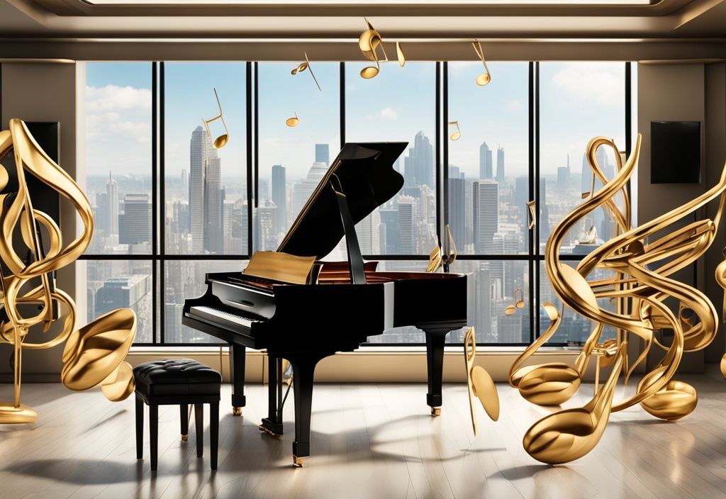 Luxuriöses Musikstudio mit High-End-Ausrüstung, Flügel, goldenen Musiknoten in der Luft und Stadtbild im Hintergrund, das Hans Zimmer Vermögen und Erfolg in der Musikindustrie darstellt.