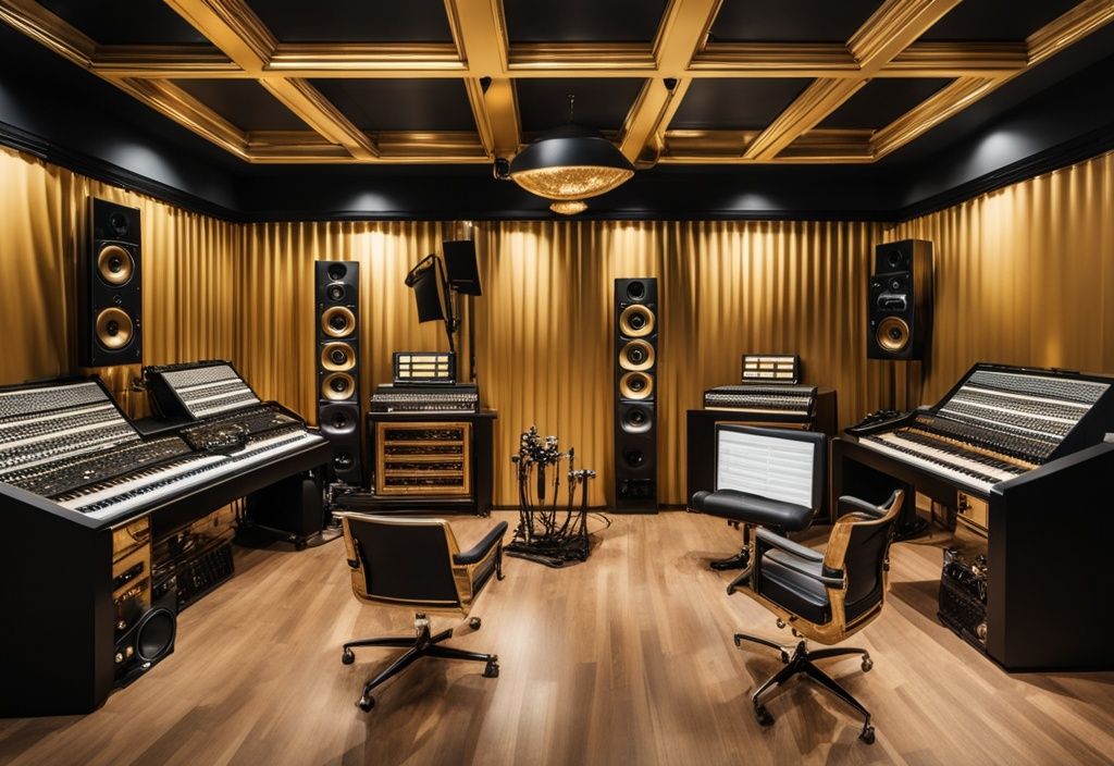 Luxuriöses Tonstudio mit hochwertigem Musikequipment und goldenen Schallplatten an der Wand, symbolisiert eine erfolgreiche Musikkarriere und Wohlstand.