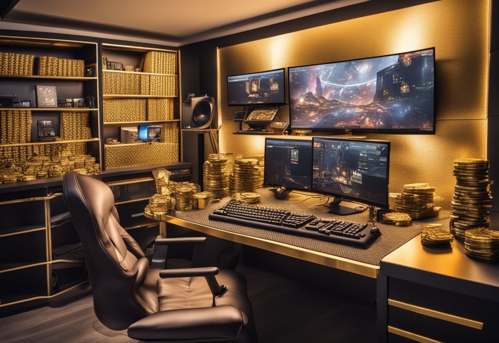 Luxuriöses und modernes Gaming-Setup mit High-End-Computern, mehreren Monitoren, Gaming-Stühlen und Konsolen, umgeben von Stapeln aus Goldmünzen und Dollar-Scheinen.