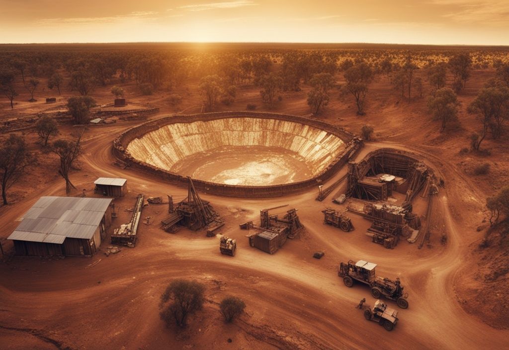 Panoramablick auf eine wohlhabende australische Goldmine während des Goldrauschs, mit verstreuten Goldnuggets und dem ikonischen australischen Outback im Hintergrund - Matt Goldrausch Australien Vermögen.