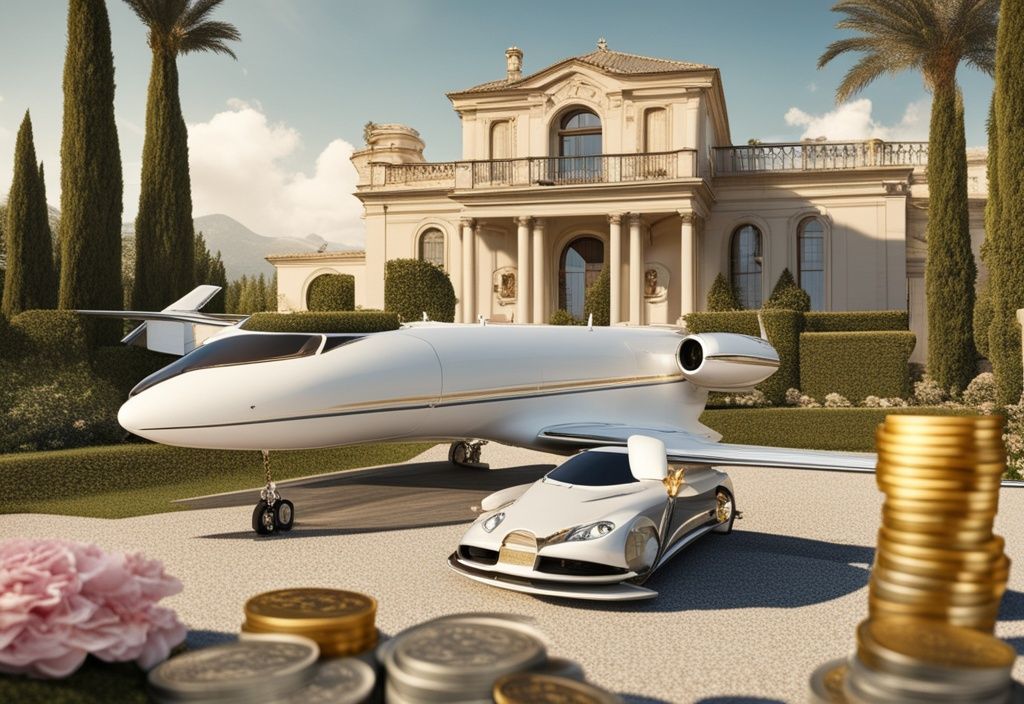 Luxuriöse italienische Villa mit großem Garten, Privatjet auf einer Landebahn und einem Stapel Goldmünzen als Zeichen von Reichtum