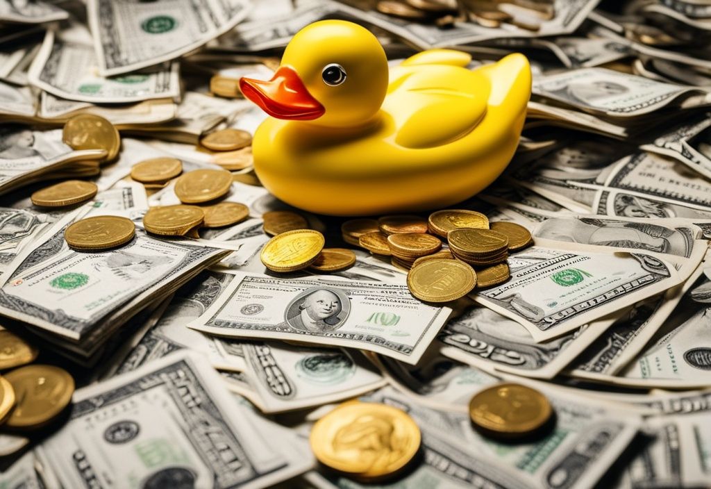 Anni The Duck Vermögen: Ein Stapel Goldmünzen und Dollarscheine neben einer Gummiente, symbolisiert Reichtum und Wohlstand.