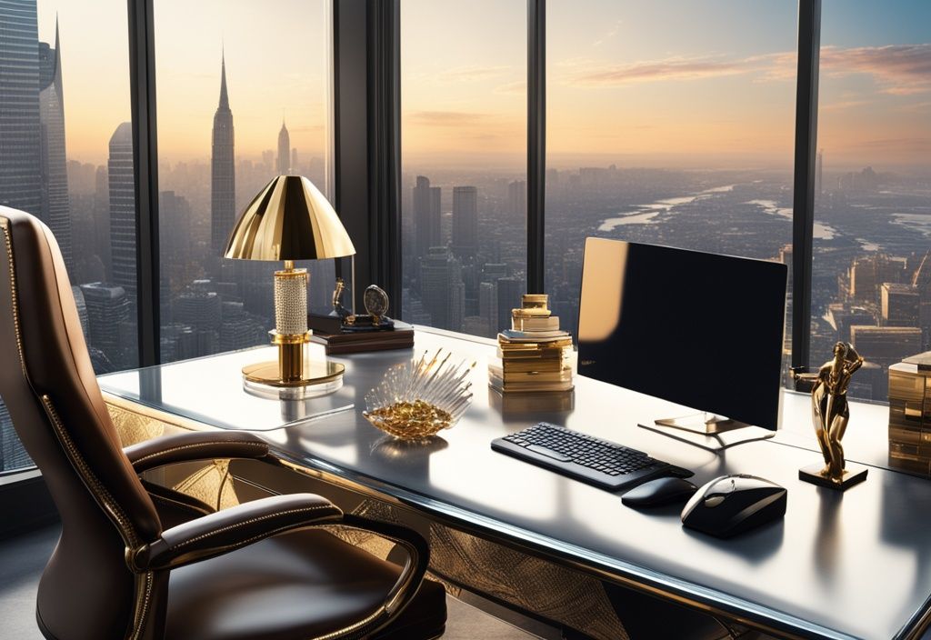 Luxuriöses Büro mit High-End-Computer, großem Fenster mit Stadtblick, goldenem Stift, Ledersessel und Kristallbriefbeschwerer, Rezo Vermögen.