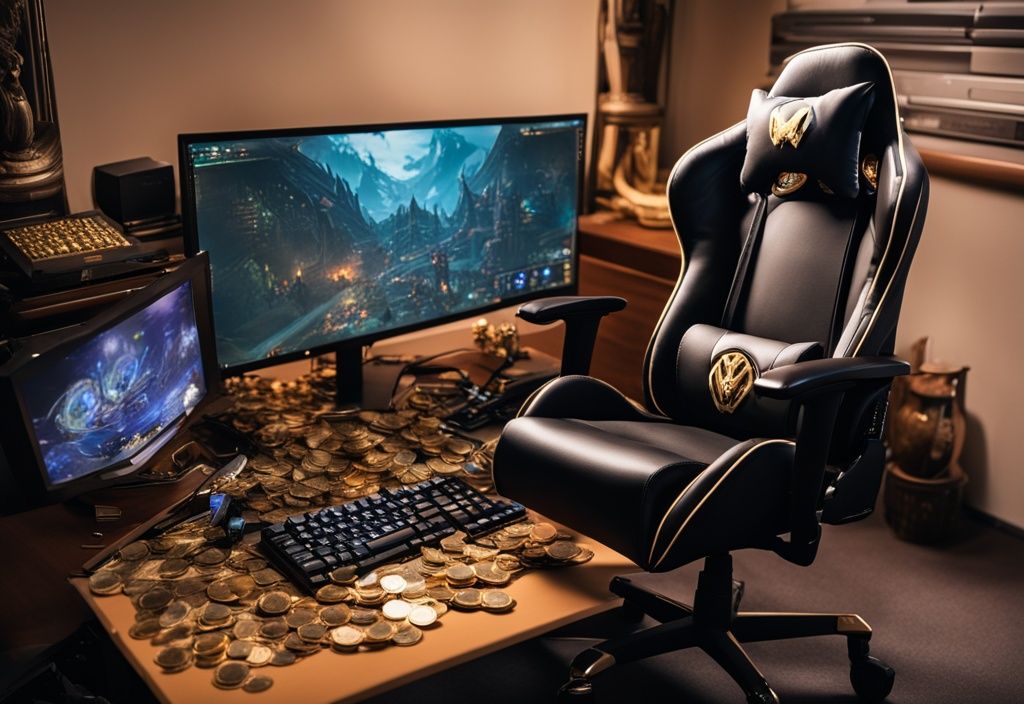 Ein Stapel Goldmünzen und Schätze vor einem Computer-Setup mit Gaming-Stuhl, Tastatur und Monitor, der eine World of Warcraft Spielsituation zeigt.