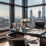 Luxuriöses Bürointerieur mit High-End-Modezeitschrift auf dem Schreibtisch, umgeben von teuren Accessoires wie Designerhandtasche, Sonnenbrille und High Heels, im Hintergrund Panoramablick auf die New Yorker Skyline, Anna Wintour Vermögen.