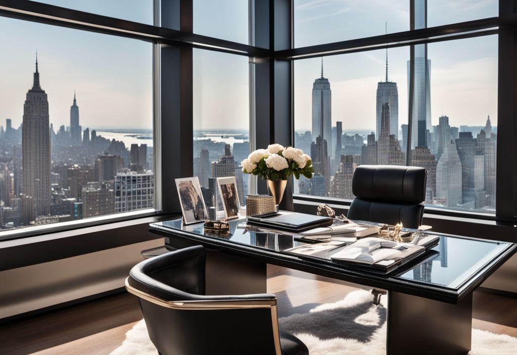 Luxuriöses Bürointerieur mit High-End-Modezeitschrift auf dem Schreibtisch, umgeben von teuren Accessoires wie Designerhandtasche, Sonnenbrille und High Heels, im Hintergrund Panoramablick auf die New Yorker Skyline, Anna Wintour Vermögen.