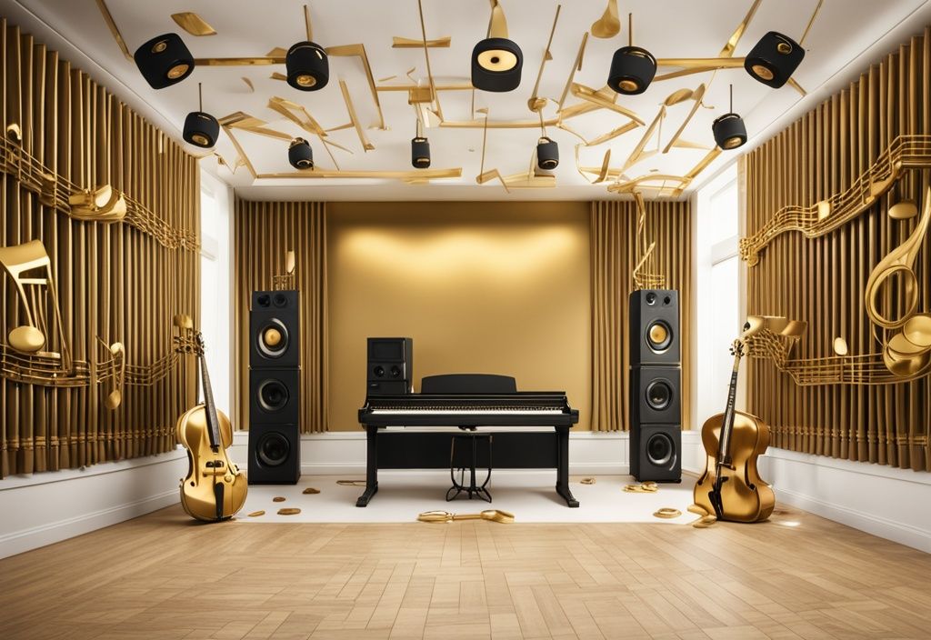 Luxuriöses Musikstudio mit hochwertiger Ausstattung und schwebenden goldenen Noten, die Wohlstand und Erfolg in der Musikindustrie symbolisieren.