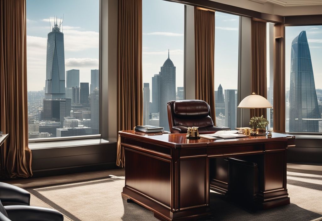 Luxuriöses Büro mit großem Mahagonischreibtisch, teurem Ledersessel, High-End-Computer, goldenen Stiftset und Stadtblick aus einem Hochhaus, Symbol für Reichtum und Erfolg.