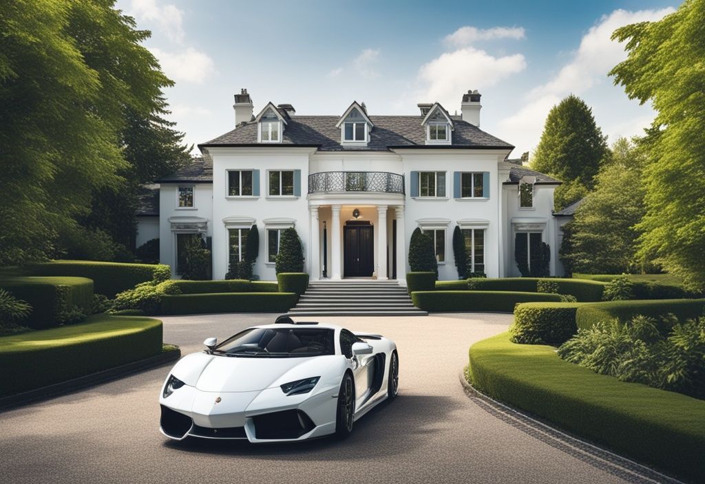 Luxuriöse Villa mit langer Einfahrt und teuren Autos, umgeben von üppigem Grün und klarem blauen Himmel, Jana Wagenhuber Vermögen.