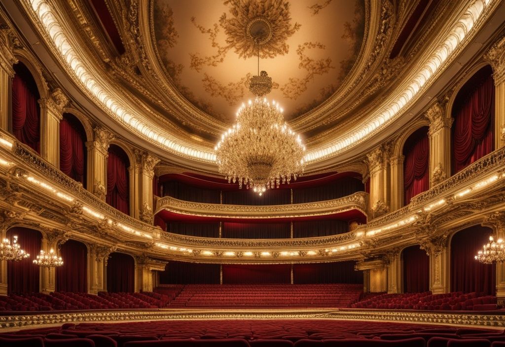 Luxuriöses Opernhaus-Interieur mit goldenen Details, Samtsitzen und einem großen Kronleuchter, symbolisierend für Reichtum und Erfolg in der Welt des Operngesangs, Jonas Kaufmann Vermögen.