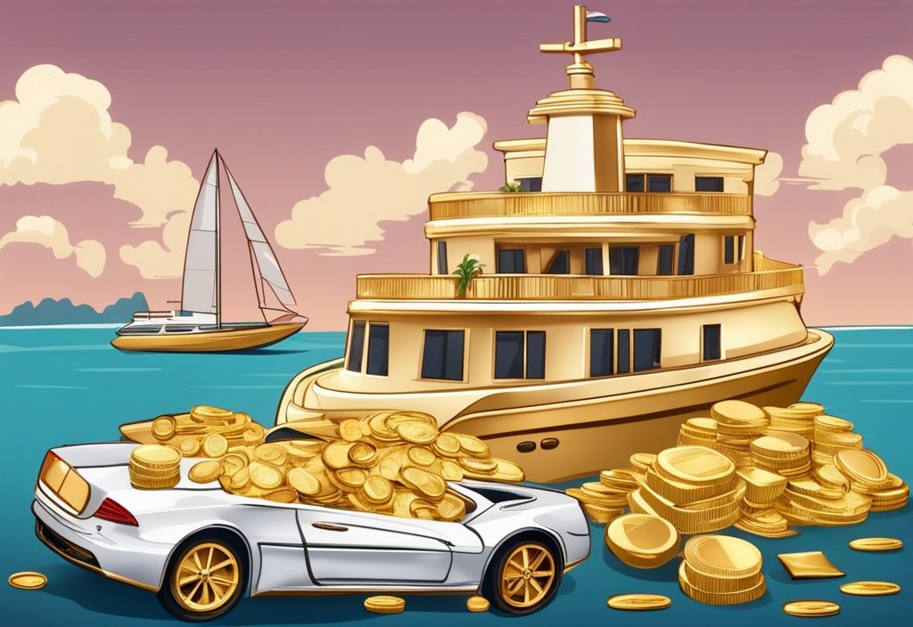 Ein Stapel Goldmünzen und Luxusgüter wie eine Yacht, ein Herrenhaus und ein Luxusauto, symbolisiert Reichtum und Wohlstand.