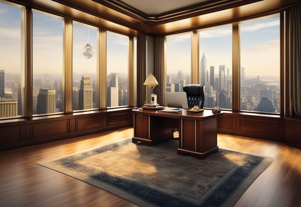 Luxuriöses Büro mit Mahagoni-Schreibtisch, High-End-Computer, Panoramafenster mit Stadtblick, Goldbarren, Tresor und Aktienmarkt-Diagramm auf dem Bildschirm.