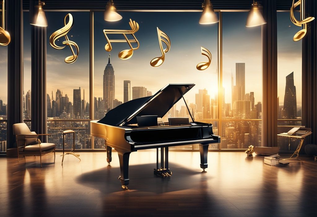 Luxuriöses Musikstudio mit High-End-Ausrüstung, Flügel, goldenen Musiknoten und Stadtbild im Hintergrund, symbolisierend für Hans Zimmer Vermögen und Erfolg in der Musikindustrie.