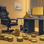 Gaming-Setup mit Gaming-Stuhl und Kopfhörern vor einem Haufen Goldmünzen und Schätzen, symbolisierend Asmongold Vermögen