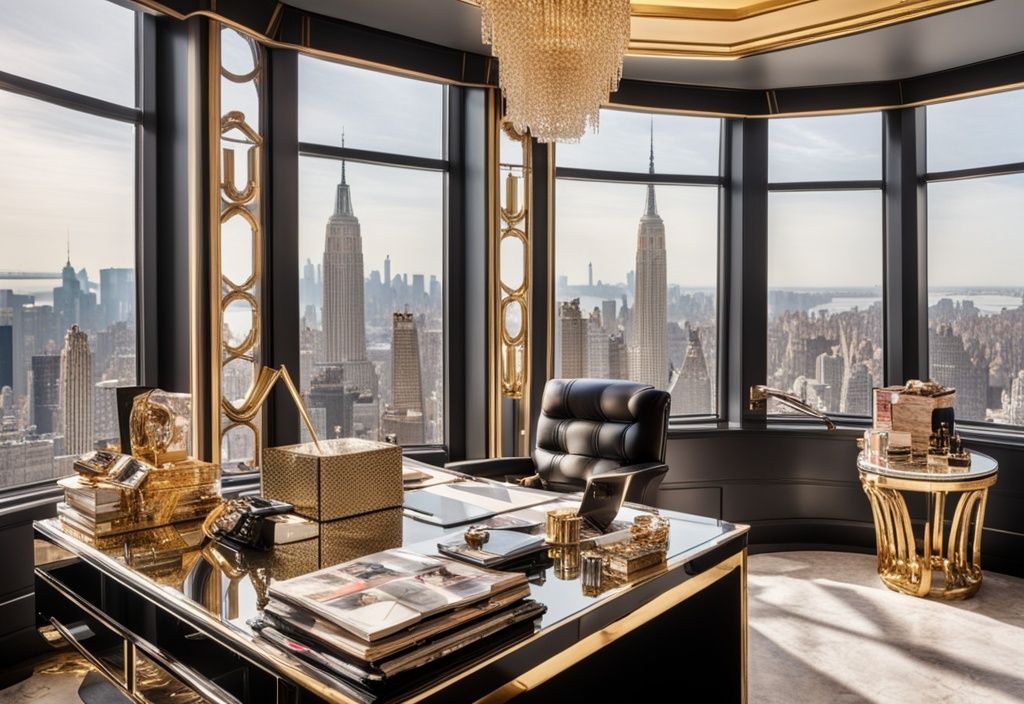 Luxuriöses Modebüro mit edlem Schreibtisch, großem Fenster mit Blick auf New York City, glänzenden Vogue-Magazinen, goldenem Stift, diamantbesetzter Uhr und teurer Designertasche.