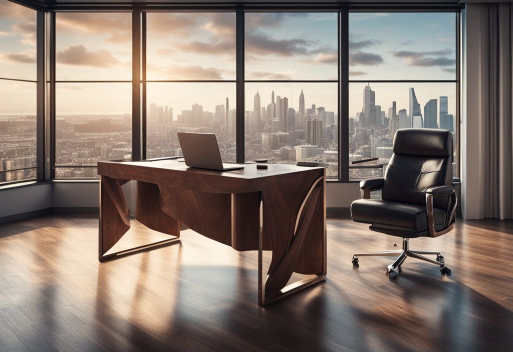 Luxuriöses Büro mit großem Holzschreibtisch, bequemen Ledersessel, hochwertigem Laptop und Panoramablick auf die Skyline einer Stadt, symbolisiert Wohlstand und Erfolg.