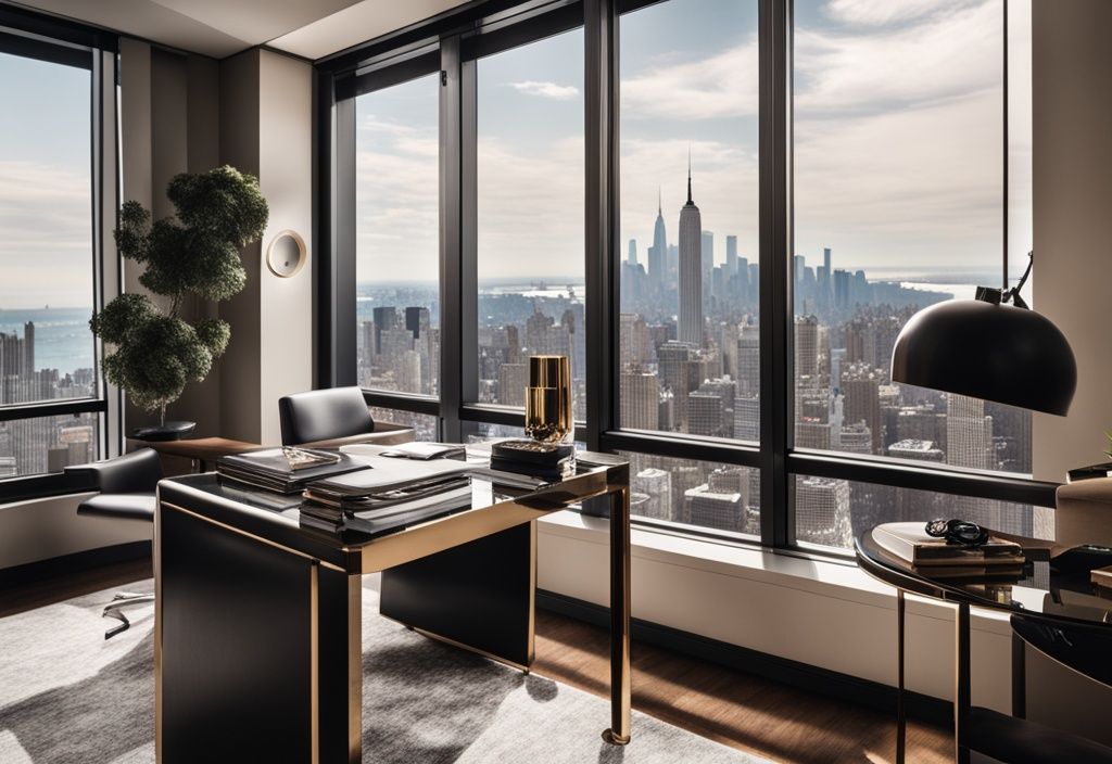 Luxuriöses Bürointerieur mit High-End-Modezeitschrift auf dem Schreibtisch, umgeben von teuren Accessoires wie Designer-Handtasche, Sonnenbrille und High Heels, im Hintergrund Panoramablick auf die Skyline von New York City - Anna Wintour Vermögen.