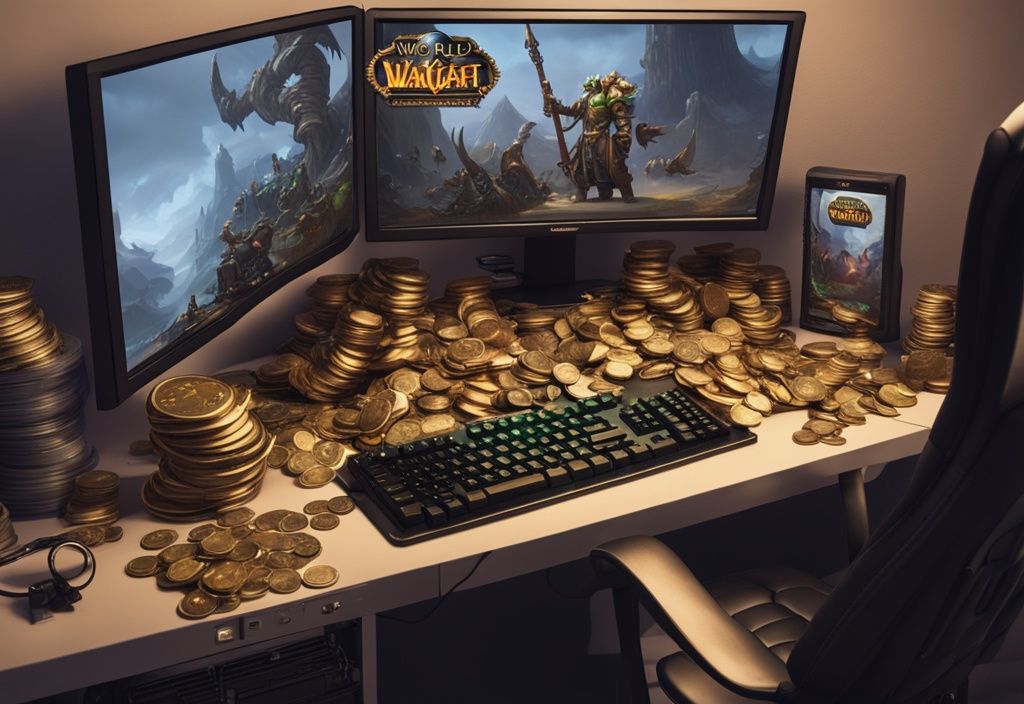 Ein Stapel Goldmünzen und Schätze vor einem Computer-Setup mit Gaming-Stuhl, Tastatur und Monitor, der eine World of Warcraft-Spielszene zeigt.