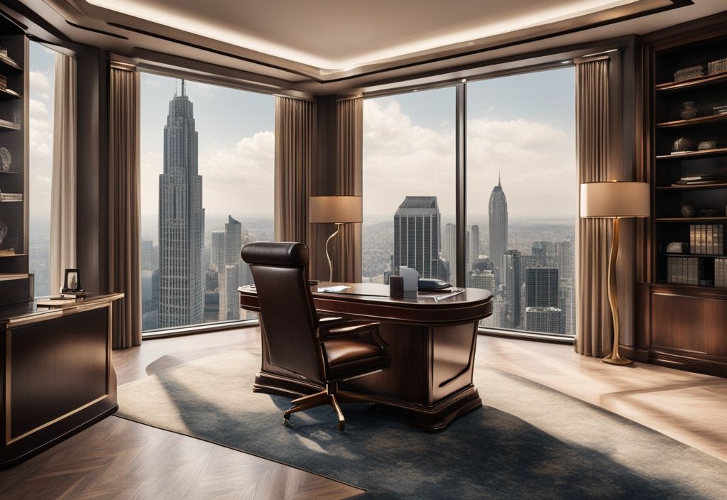 Luxuriöses Bürointerieur mit großem Schreibtisch, High-End-Computer, Ledersessel und großem Fenster mit Blick auf die Skyline der Stadt, symbolisiert Wohlstand und Erfolg.