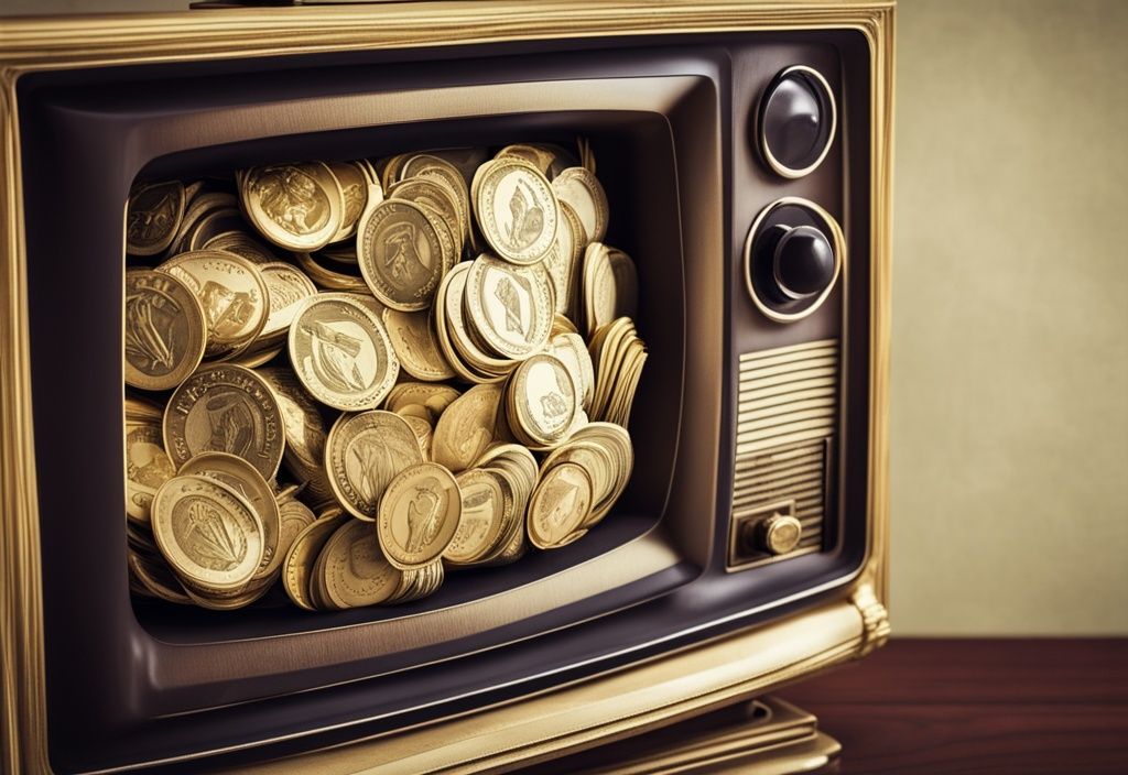 Ein Stapel Goldmünzen und Dollarscheine auf einem Vintage-Fernseher, der Reichtum und Fernsehruhm symbolisiert