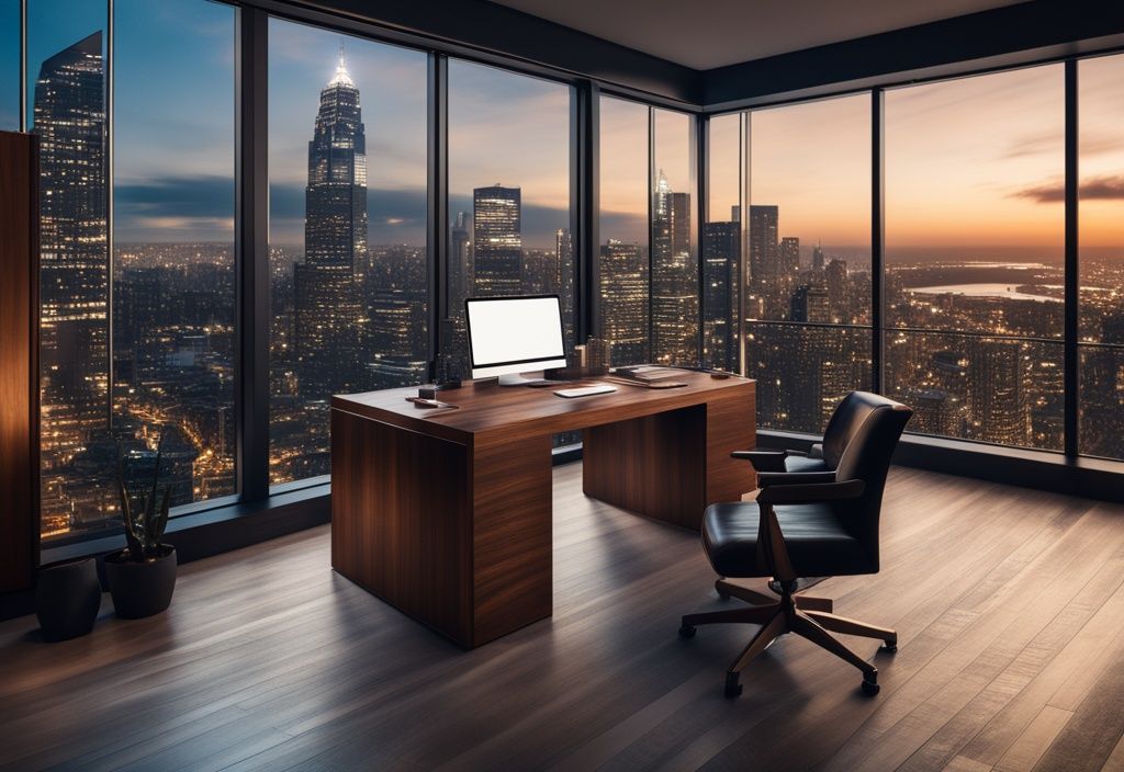 Luxuriöses Büro mit großem Holztisch, hochwertigem Laptop, teuren Accessoires und großem Fenster mit nächtlicher Stadtsilhouette, Symbol für Reichtum und Erfolg.