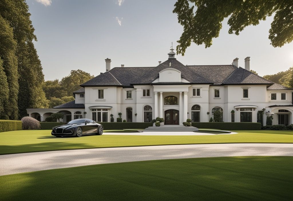 Luxuriöse Villa mit weitläufigem Rasen, hochwertigem Auto in der Einfahrt und Privatjet am Himmel, Symbol für enormen Reichtum und Erfolg