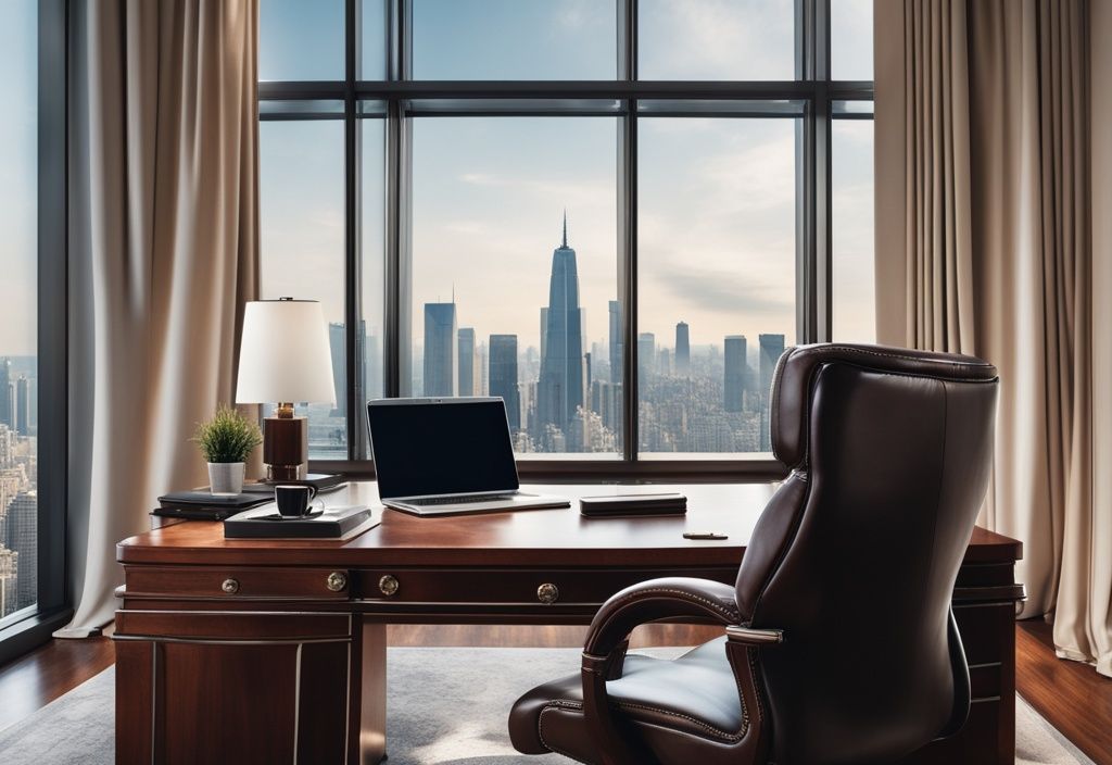 Luxuriöses Büro mit großem Holztisch, bequemen Ledersessel, hochwertigem Laptop und Panoramablick auf die Skyline einer Stadt, symbolisiert Wohlstand und Erfolg