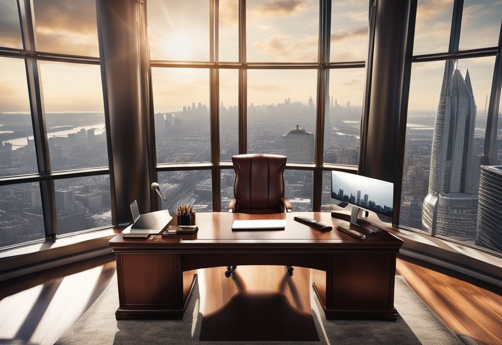 Luxuriöses Büro mit großem Mahagonischreibtisch, teurem Ledersessel, hochwertigem Computer, goldfarbenem Schreibset und Blick auf die Skyline einer Großstadt aus einem Hochhaus, Symbol für Reichtum und Erfolg.