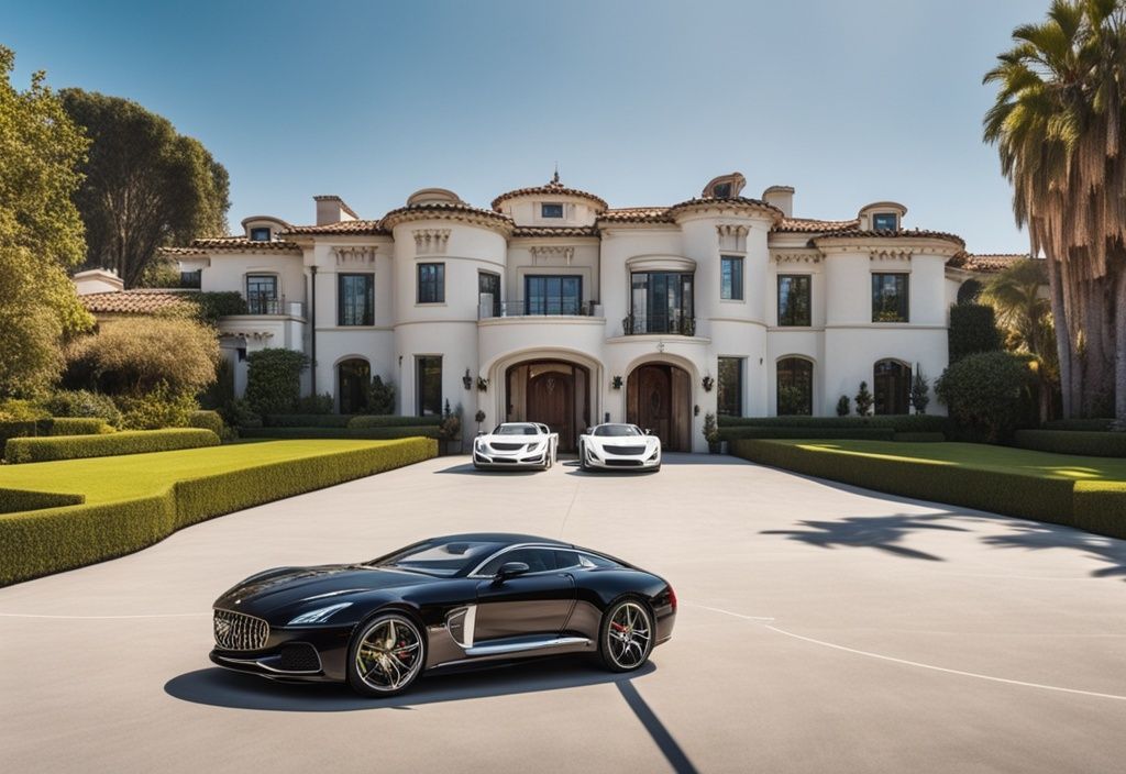 Luxuriöse Hollywood-Villa mit langer Auffahrt voller teurer Autos, Privatjet im Hintergrund und Filmset mit Lichtern und Kameras in der Nähe