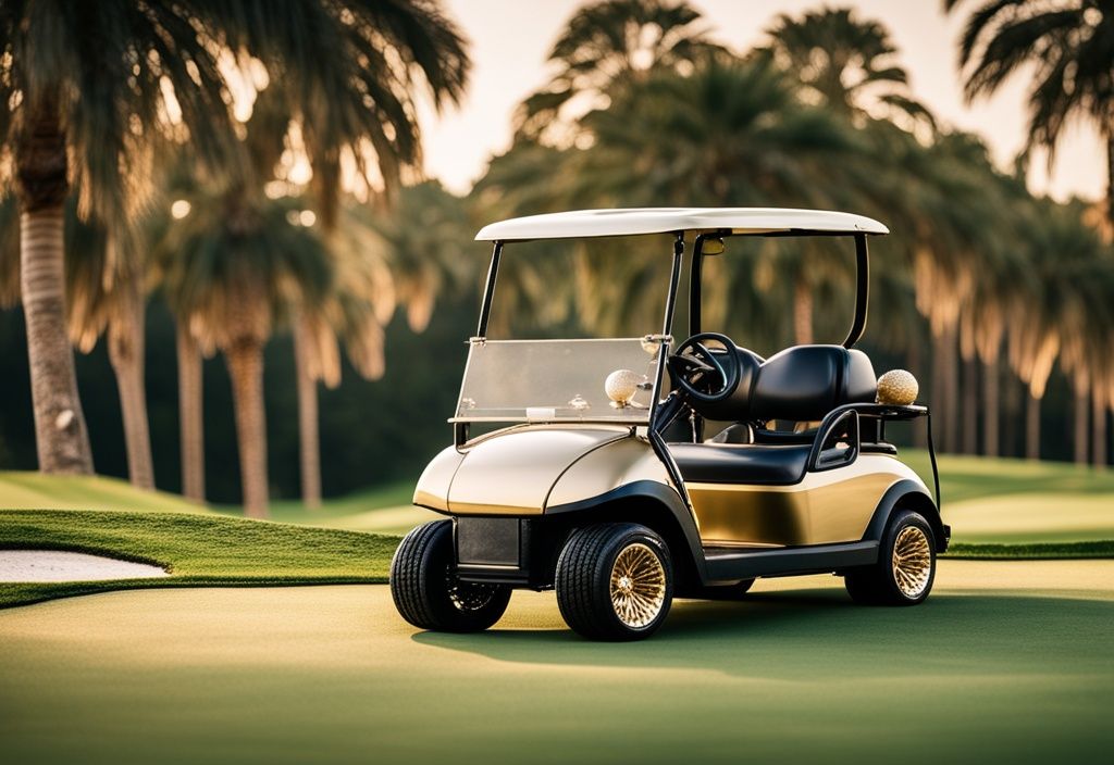 Luxuriöser Golfplatz mit edlem Golfwagen, goldbeschichtetem Golfschläger und Diamant-golfbällen, Symbol für Reichtum und Wohlstand im Golfsport.