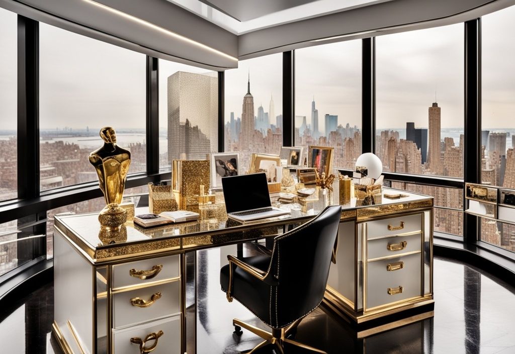 Luxuriöses Modebüro mit einem hochwertigen Schreibtisch, einem großen Fenster mit Blick auf New York City, einem Stapel glänzender Vogue-Magazine auf dem Tisch, einem goldenen Stift, einer diamantbesetzten Uhr und einer teuren Designertasche.