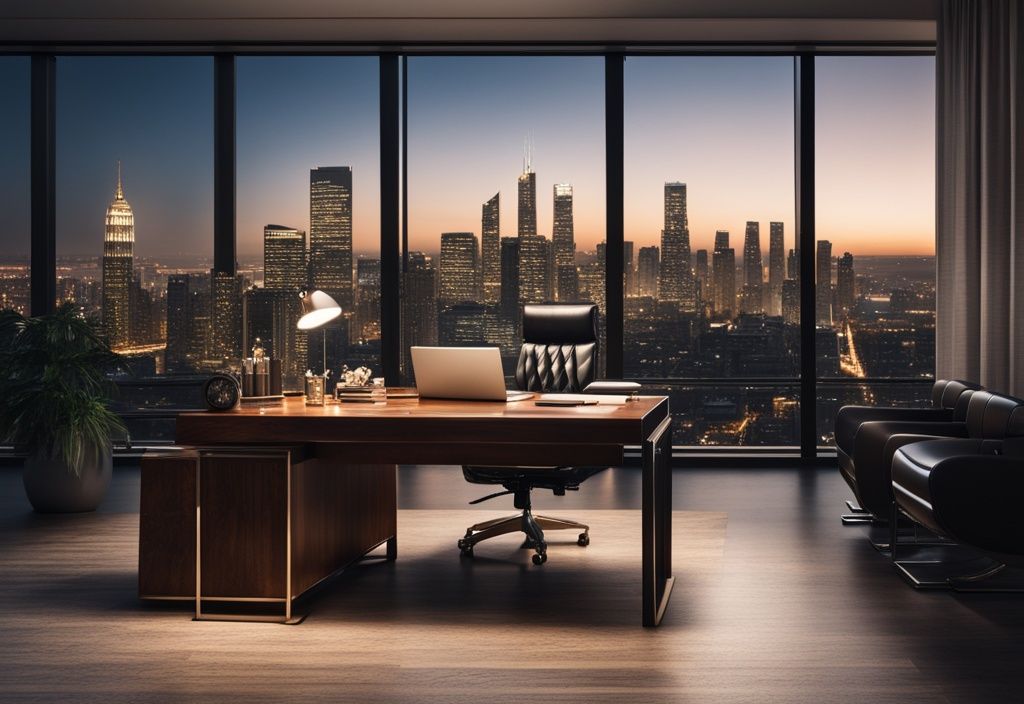 Luxuriöses Büro mit großem Holzschreibtisch, hochwertigem Laptop, teuren Accessoires und großem Fenster mit Blick auf die nächtliche Skyline der Stadt, Symbol für Reichtum und Erfolg